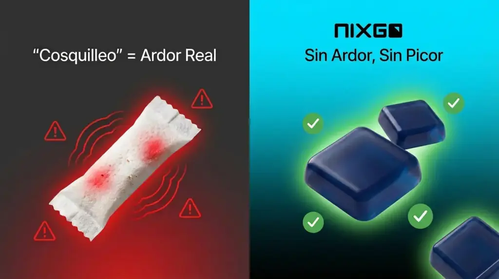 Comparación bolsas de nicotina con cosquilleo versus Nixgo sin ardor ni picor