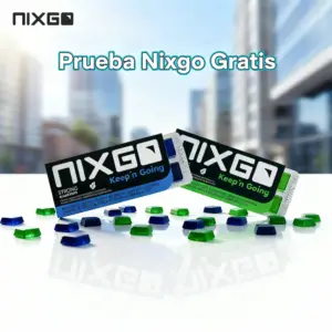 Empaque de gomas de nicotina Nixgo sabor Blueberry con leyenda Prueba Nixgo Gratis en entorno urbano moderno.