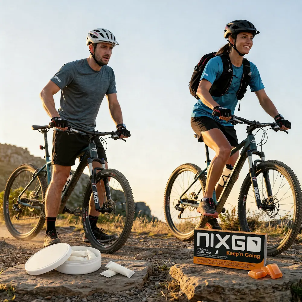Deportista trail runner usando Nixgo — goma de nicotina sublingual para rendimiento deportivo sin humo ni vapor