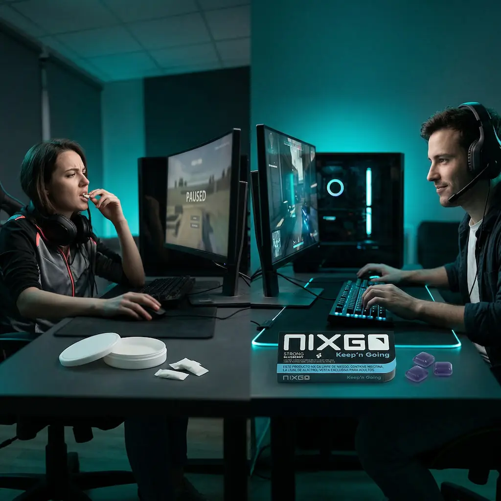 Gamer usando Nixgo para mantener el foco durante sesiones largas de gaming y streaming, sin humo ni vapor