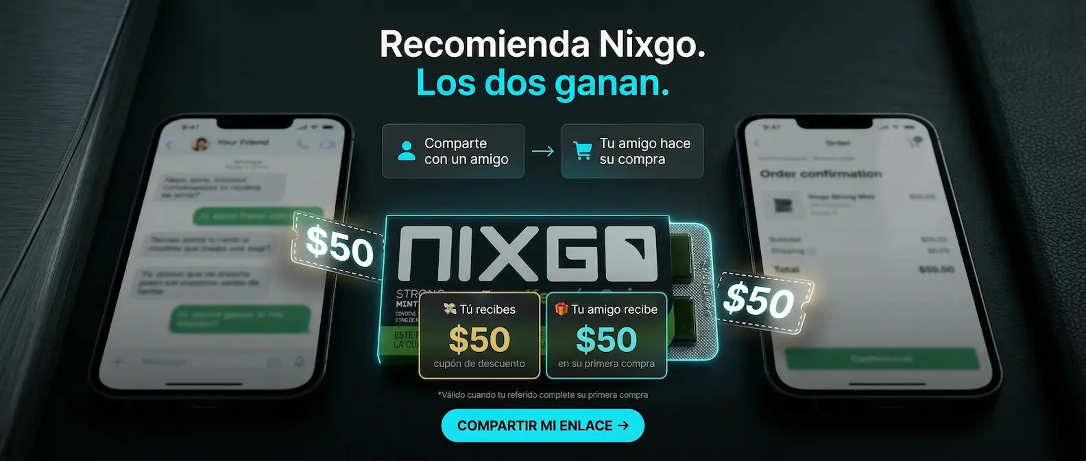 Programa de referidos Nixgo — gana $50 MXN por cada amigo que compre gomas de nicotina, tu amigo también recibe $50 en su primera compra